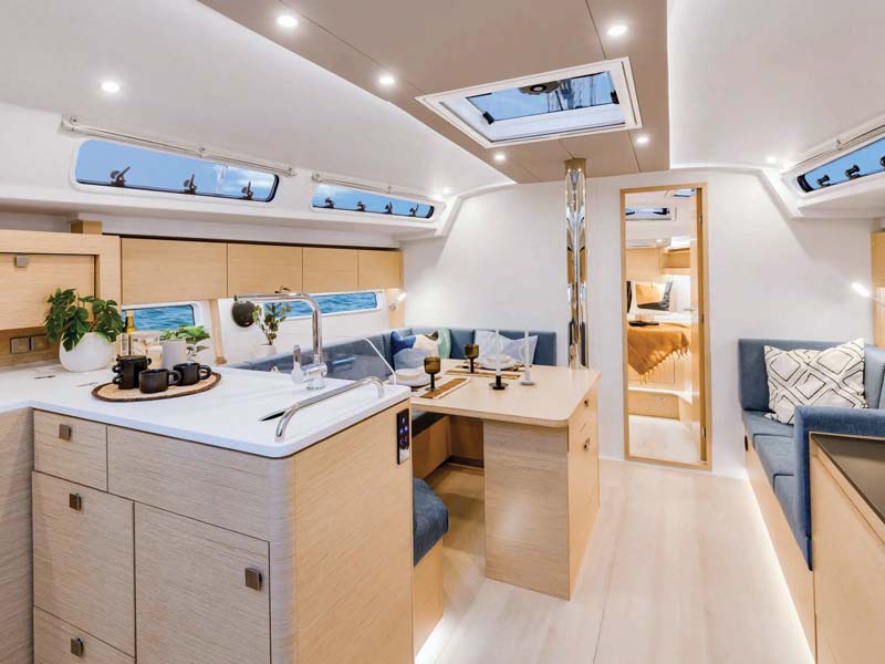Hanse 410 spacious, light interior.